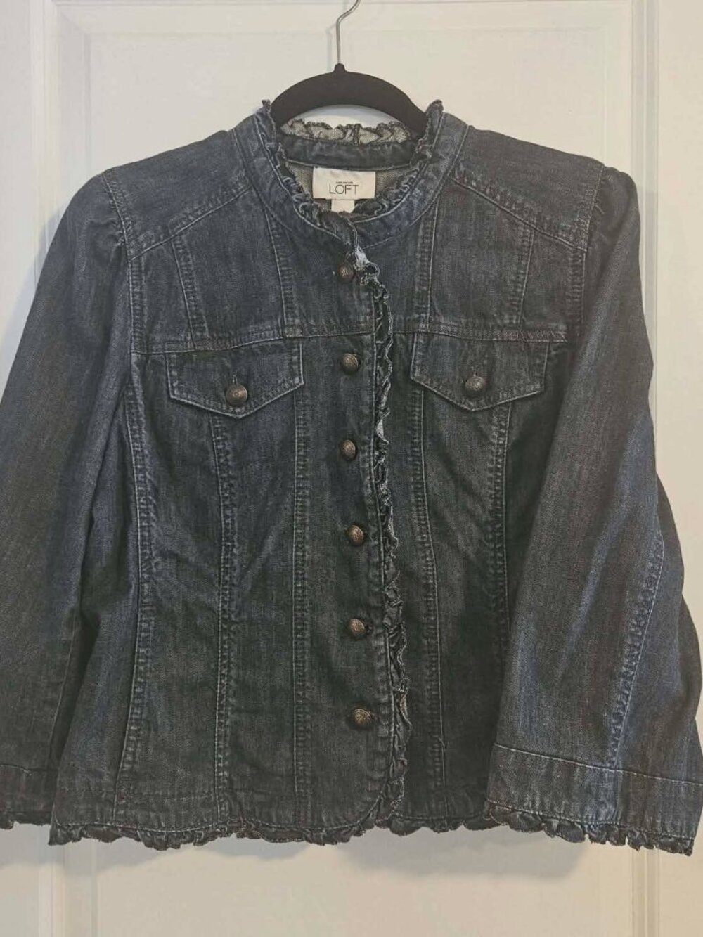 Ann Taylor LOFT Denim Jacket Size 16 Dark Wash Ruffle Trim 100% Cotton